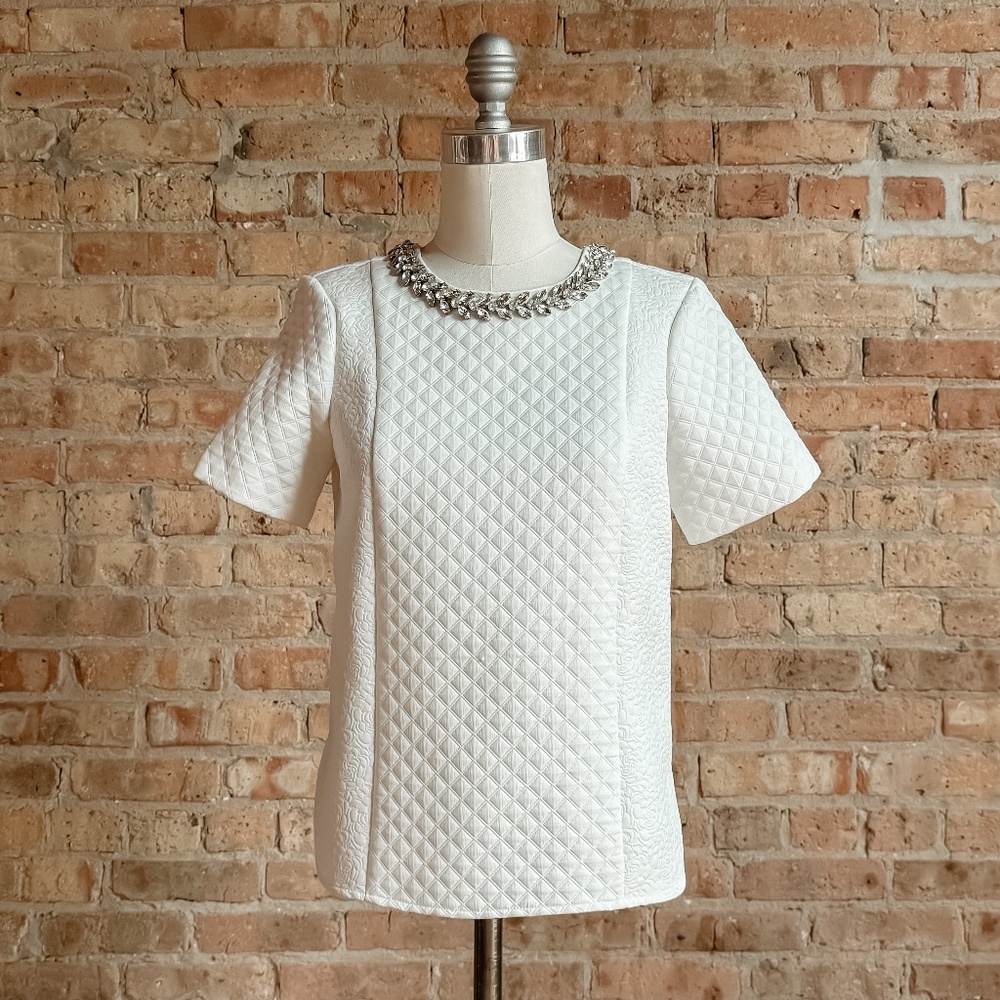 ZARA Quilted Short Sleeve Top with Crystal Embellished Neckline
